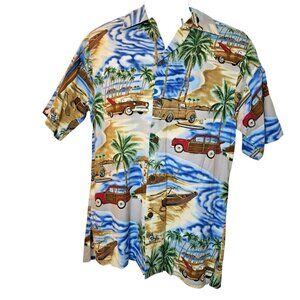 Go Barefoot Hawaiian Shirt S‎ USA Made Woody Car Palm Aloha Cotton Rayon